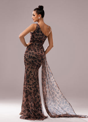 One-Shoulder Leopard Sequined Evening Dress