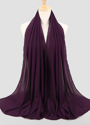 Elegant Women's Monochrome Lace Panel Pearl Chiffon Scarf