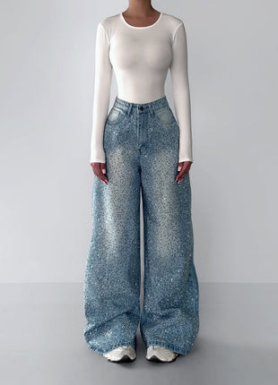 Denim Irregular Rhinestone Jeans