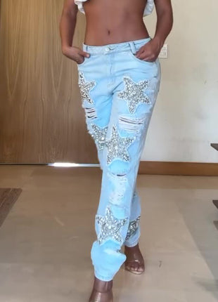 Five-pointed Star Hot Diamond Ripped Jeans