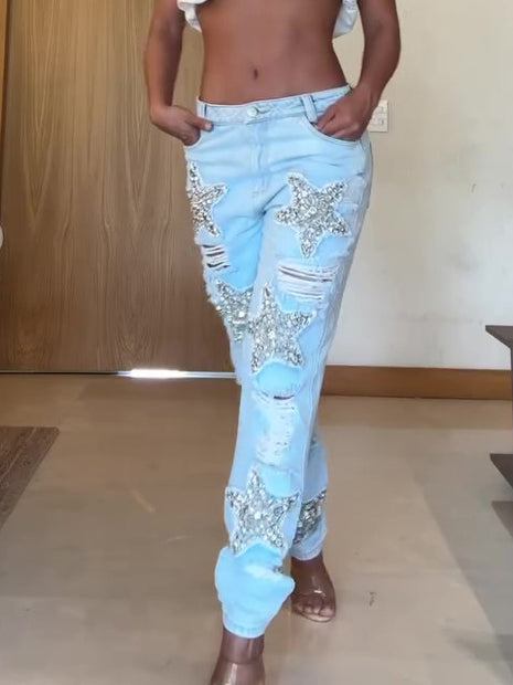 Five-pointed Star Hot Diamond Ripped Jeans