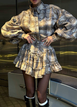 Women's Plaid Design Ruffled Suit