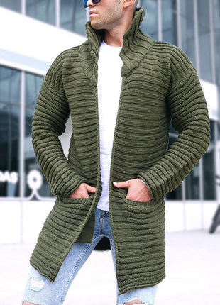 Knitted Cotton Ribbed Jacquard Lapel Cardigan Sweater