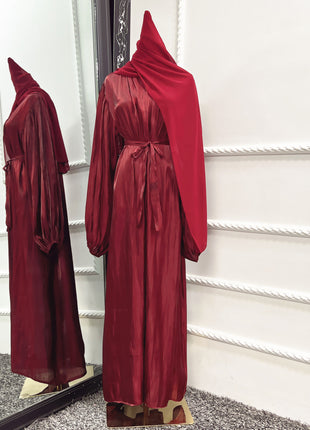 Bubble Sleeve Cardigan Elegant Long Lanyard Abaya with Headscarf