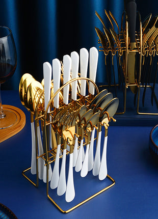 24 PC Dinnerware Set Stainless Steel Tableware Set Knife Fork Spoon Luxury Cutlery Set With Storage Rack