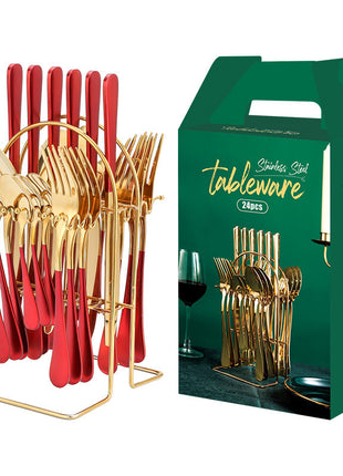 24 PC Dinnerware Set Stainless Steel Tableware Set Knife Fork Spoon Luxury Cutlery Set With Storage Rack