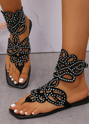 Hollow Rhinestone Buckle Flat Toe Sandals