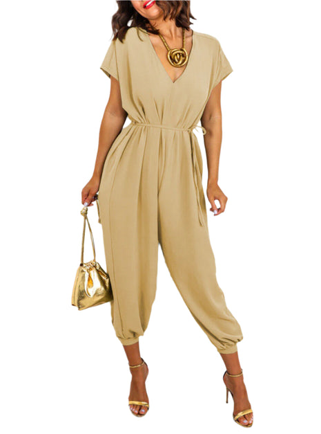V-neck Lace-up Waist Wide Leg Jumpsuit