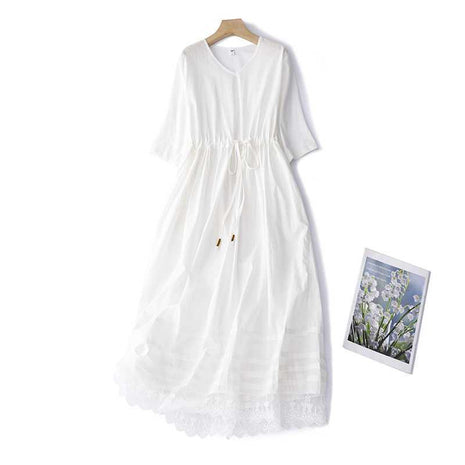 Ramie Mori Style Retro Crew Neck Dress