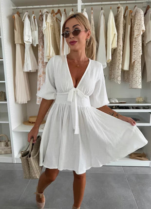 Short Sleeve Casual V-neck Sahara Plaid Dress