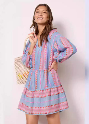 Sleeve V-neck Striped Printed A- Line Skirt Dress