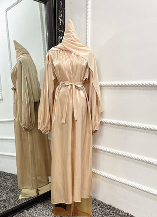 Bubble Sleeve Cardigan Elegant Long Lanyard Abaya with Headscarf