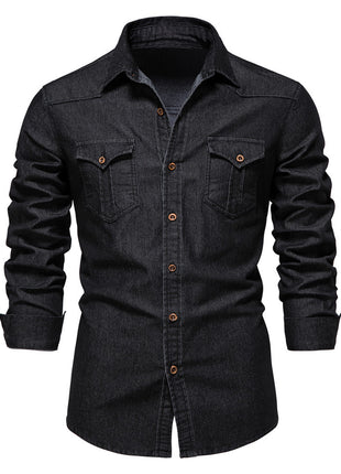 Men's Long-sleeved Denim Shirt Casual Solid Button Slim Tops Clothing