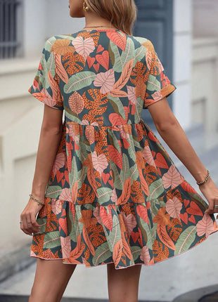 Print Batwing Sleeve Ruffle Hem Smock Dress Vacation Beach Outfits