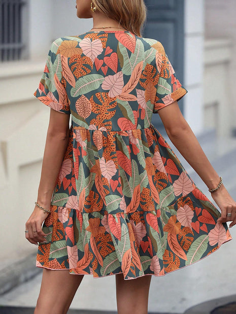 Print Batwing Sleeve Ruffle Hem Smock Dress Vacation Beach Outfits