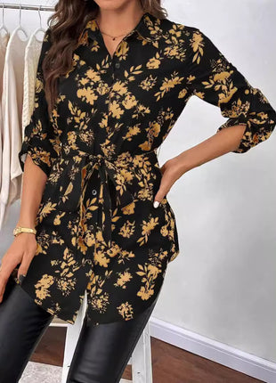 Elegant Floral Belted Long Sleeve Shirt