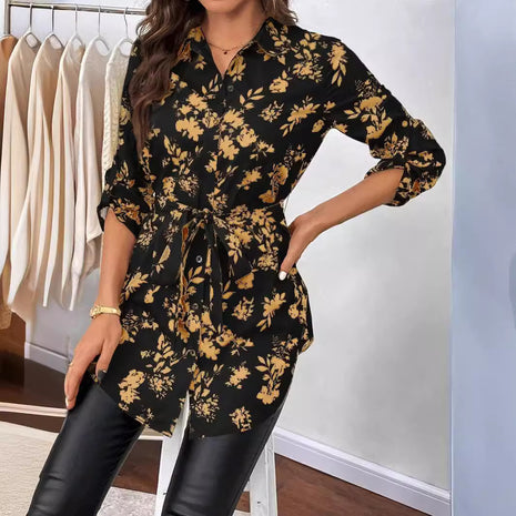 Elegant Floral Belted Long Sleeve Shirt