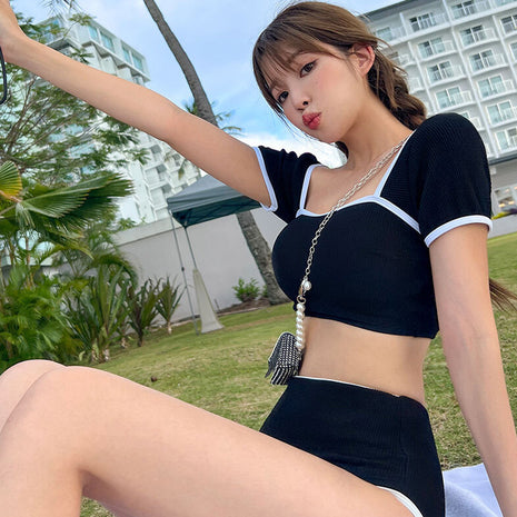 Slim High Waist Two-piece Short Sleeve Beach Vacation Swimsuit