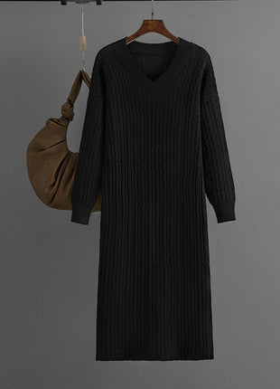 V-Neck Knitted Long Sweater with Back Slit