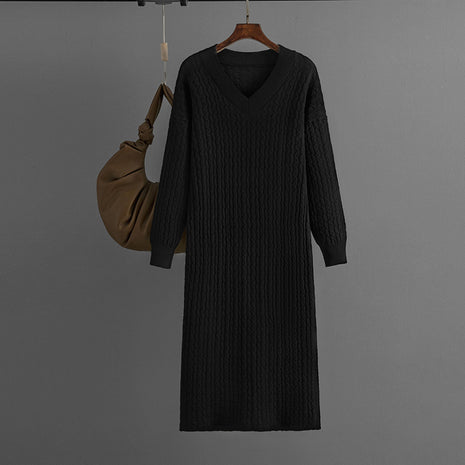 V-Neck Knitted Long Sweater with Back Slit