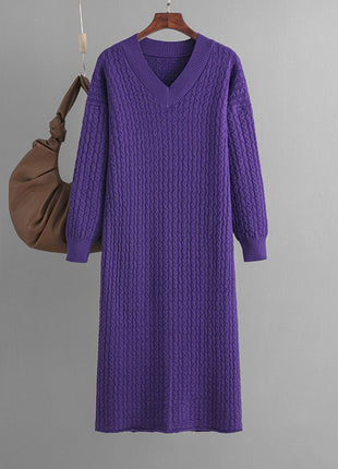 V-Neck Knitted Long Sweater with Back Slit