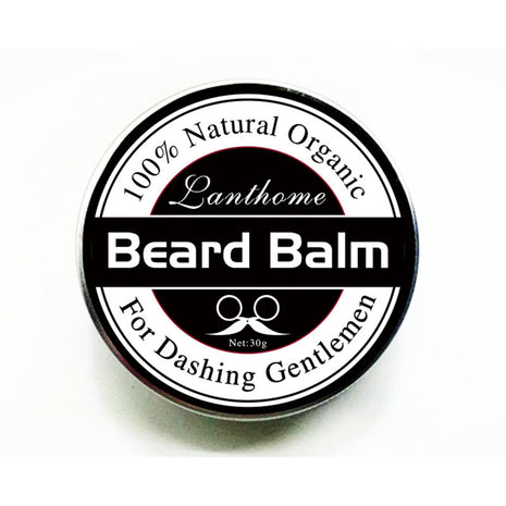 Lanthome beard balm container with black and white label on a white background