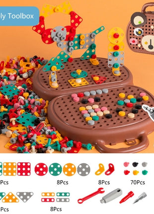 Children's assembly toolbox with colorful building blocks and tools on an orange background