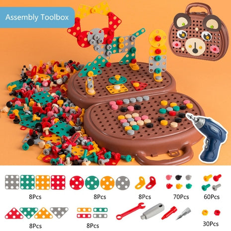 Children's assembly toolbox with colorful building blocks and tools on an orange background