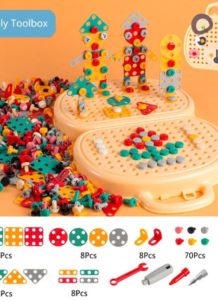 Children's assembly toolbox with colorful building blocks and tools on an orange background