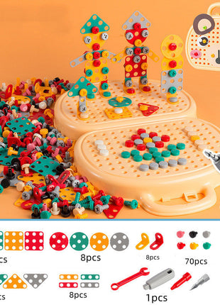 Children's building block set with colorful pieces and a pegboard on an orange background.