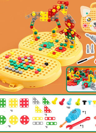 Children's building block set with tools and accessories on an orange background