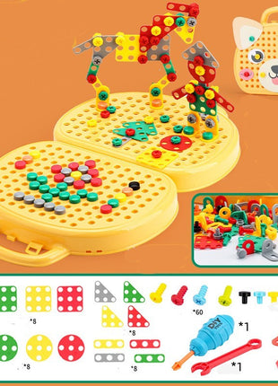 Children's educational toy with colorful building blocks on a yellow base, against an orange background.