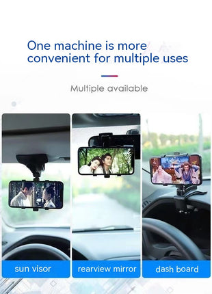 Multiple smartphone holders for sun visor, rearview mirror, and dashboard with text 'One machine is more convenient for multiple uses'.