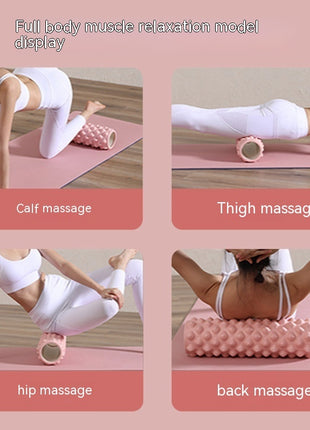 Person using a foam roller for different body parts on a pink background