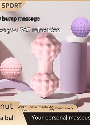 Massage tools including a pink fascia ball and purple peanut on a light background with promotional text.
