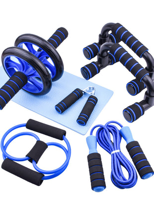 Collection of fitness tools including ab roller, dumbbells, resistance bands, and jump rope on a white background.