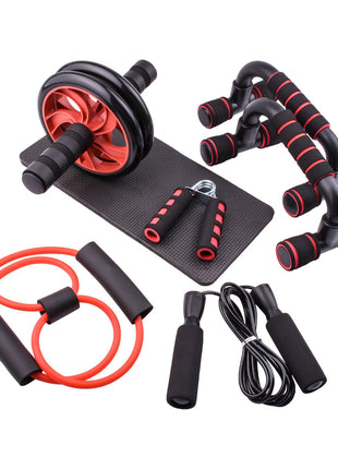Collection of fitness tools including an ab roller, resistance bands, and jump rope on a white background.