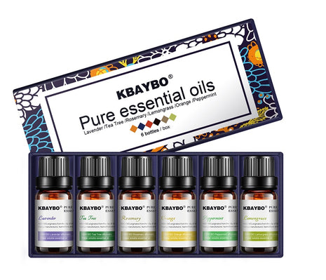 Set of KBAYBO pure essential oils with a decorative box on a white background