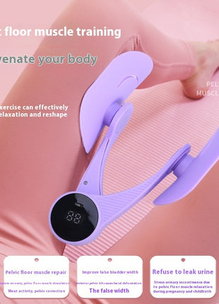 Purple pelvic floor muscle trainer on a pink background with text about pelvic floor muscle training.