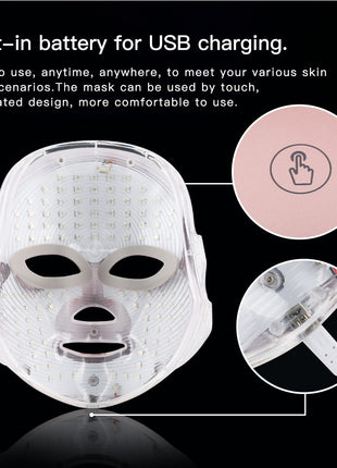 LED face mask with USB charging feature on a black background