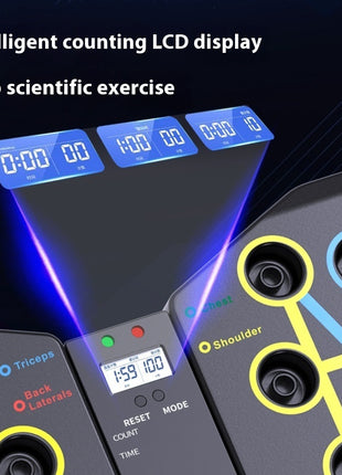 Digital exercise equipment with multiple LCD displays and buttons on a dark background