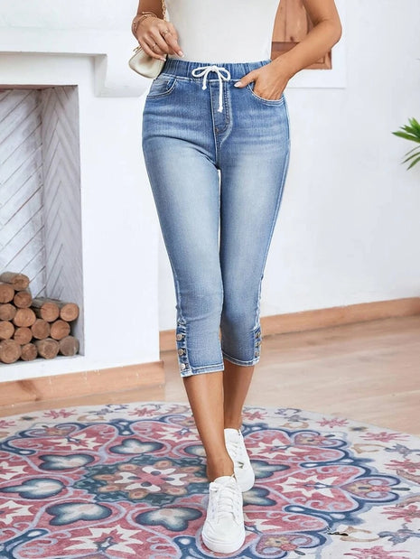 Elastic Waistband Lace-up Stretch Jeans