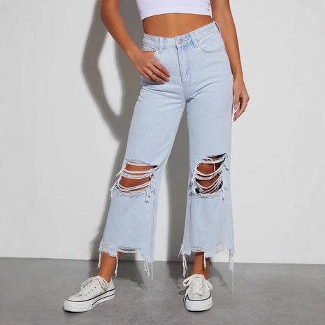Casual Loose Mid Waist Ripped Cropped Jeans