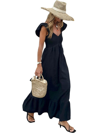 Pleated V-neck Short Sleeve Dress