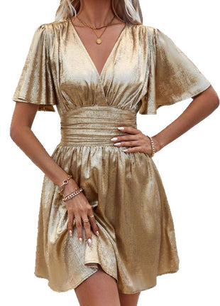 Deep V-neck Ruffle Smocking Dress