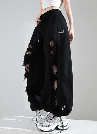 Ripped Lace Stitching Wide-Leg Casual Pants