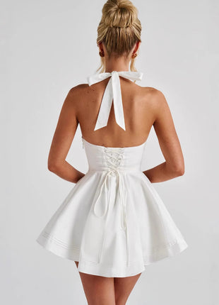 Deep V-neck Sleeveless Halter Bow Cinched Short Dress