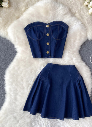 Denim Tube Top High Waist A- Line Skirt Two-piece Set