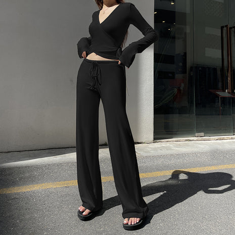 Cross V-neckline Blouse Low Waist Fleece-lined Pants Set