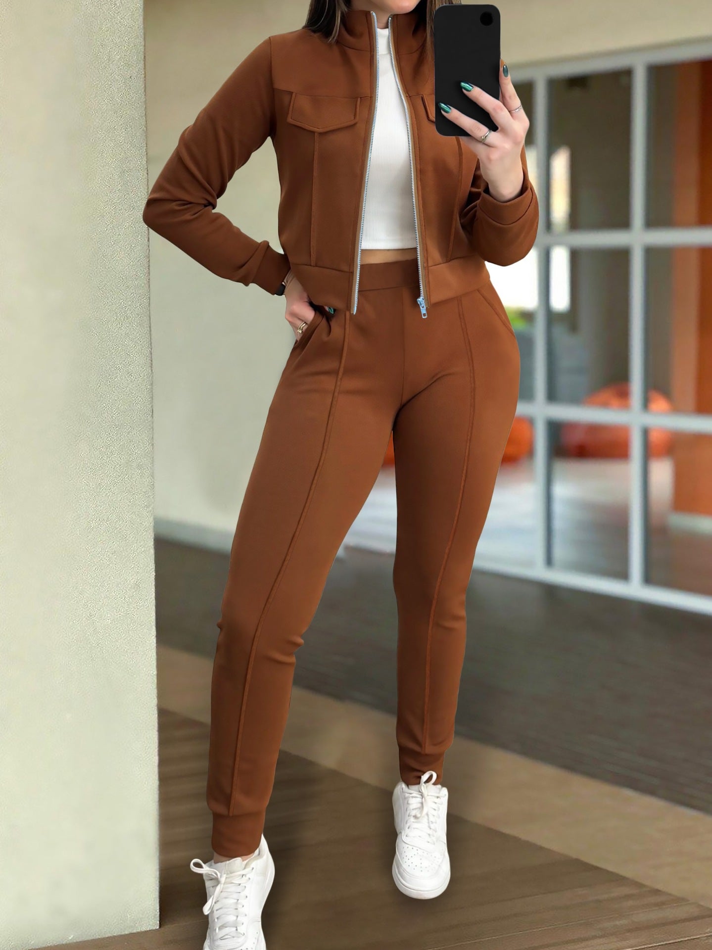 Casual Long Sleeve Coat and Pants Two-piece Set